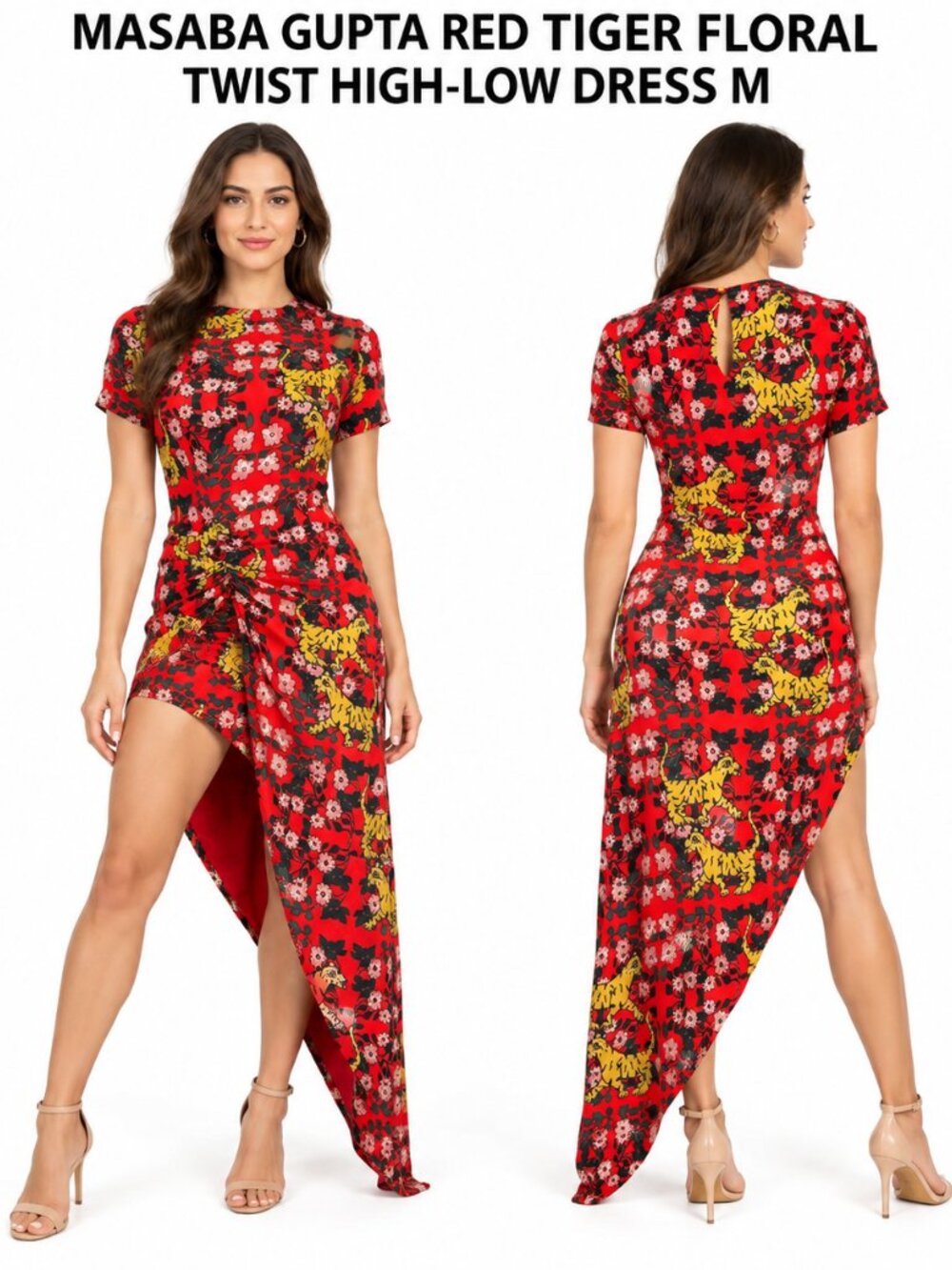 Masaba Gupta Red Floral High-Low Twist Dress with Yellow Accents